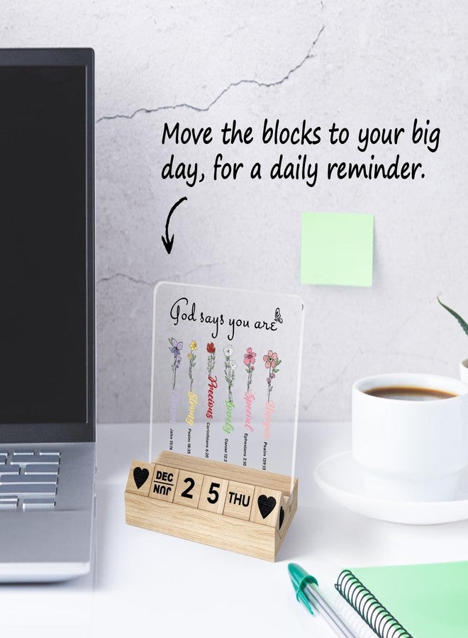 Ythuil Christian Gifts for Women, Wooden Block Calendar for Desk, Religious Gifts for Coworker Female, God Says You Are Desk Sign, Inspirational Bible Verse Acrylic Plaque, Floral Home Office Decor - Image 5